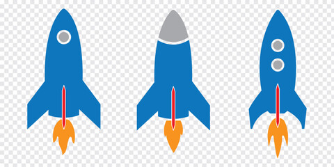 Rocket icons set. Colorful Rocket launched concept. Space rocket launch with fire. High quality Blue, Red and Orange colors Rocket icon. Vector Illustration. 