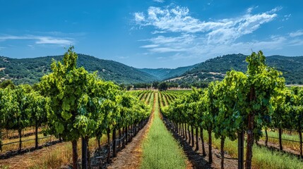 Obraz premium A lush vineyard landscape in summer with symmetrical vine rows, full grape clusters, and clear blue skies overhead