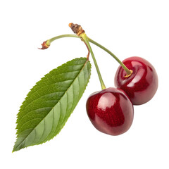 Two Ripe Red Cherries with Green Leaf: Fresh Fruit, Culinary Photography, Sweet Treat, Nature's Goodness