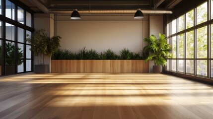 Fototapeta premium Spacious empty room with large natural sunlight indoor plants and wooden floo for fitness or meditation space