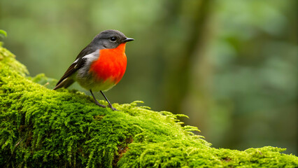 Flame robin hopping on green moss