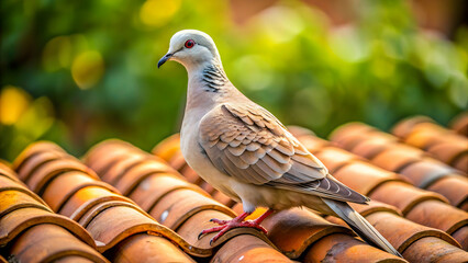 Dove sitting peacefully on clay rooftop