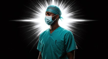 healthcare professional in scrubs and mask stands confidently, symbolizing dedication