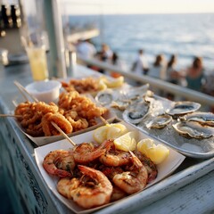 Fresh Seafood Platter with Grilled Shrimp, Oysters, and Fried Calamari, Seaside Dining