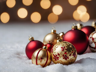 Festive Christmas Ornaments in Snowy Setting with Warm Bokeh Lights for Holiday Season Decor