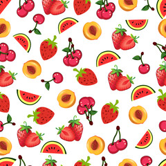 Bright summer pattern with images of cherries, peaches, strawberries and watermelons. Attractive design, suitable for summer fabrics, banners, clothes