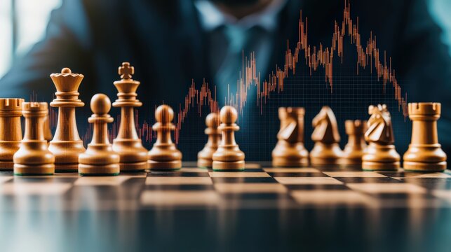 Chess opening strategy game with detailed chess pieces and digital financial growth graphs in background
