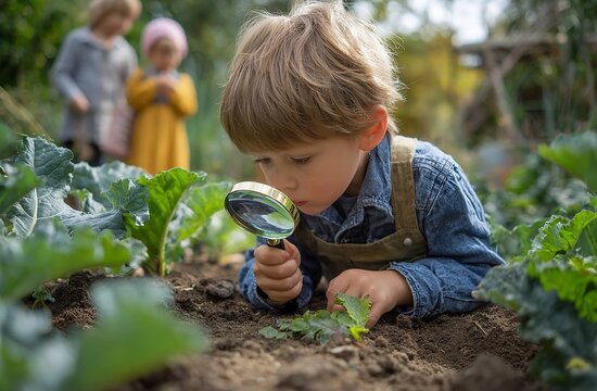 Young Boy and Family Exploring Garden Plants with Magnifying Glasses, Outdoor Educational Activity for Kids