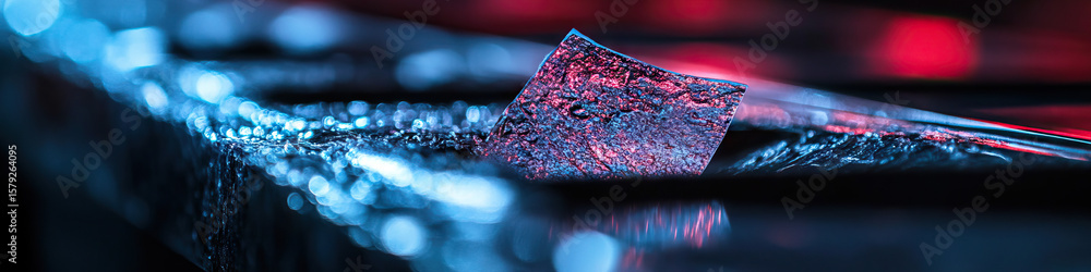 Poster close-up of textured object with blue bokeh lights