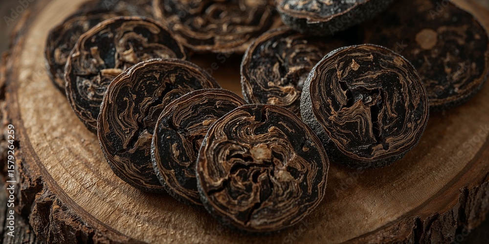Poster a close up of sliced black walnuts on a wooden surface showing their intricate patterns and textures