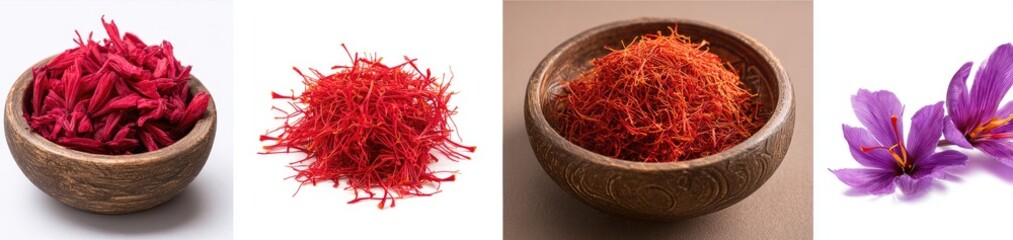 Naklejka premium Saffron threads in wooden bowls, showcasing dried red stigmas and fresh purple flowers