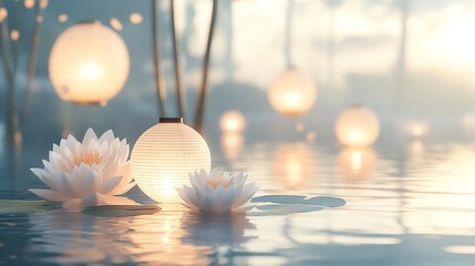 Serene water lilies illuminated by soft, glowing lanterns at sunset. Peaceful, tranquil scene.