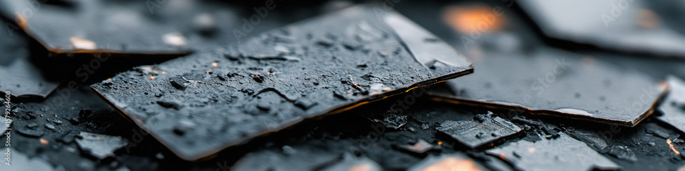 Poster close-up of multiple damp rectangular metallic fragments