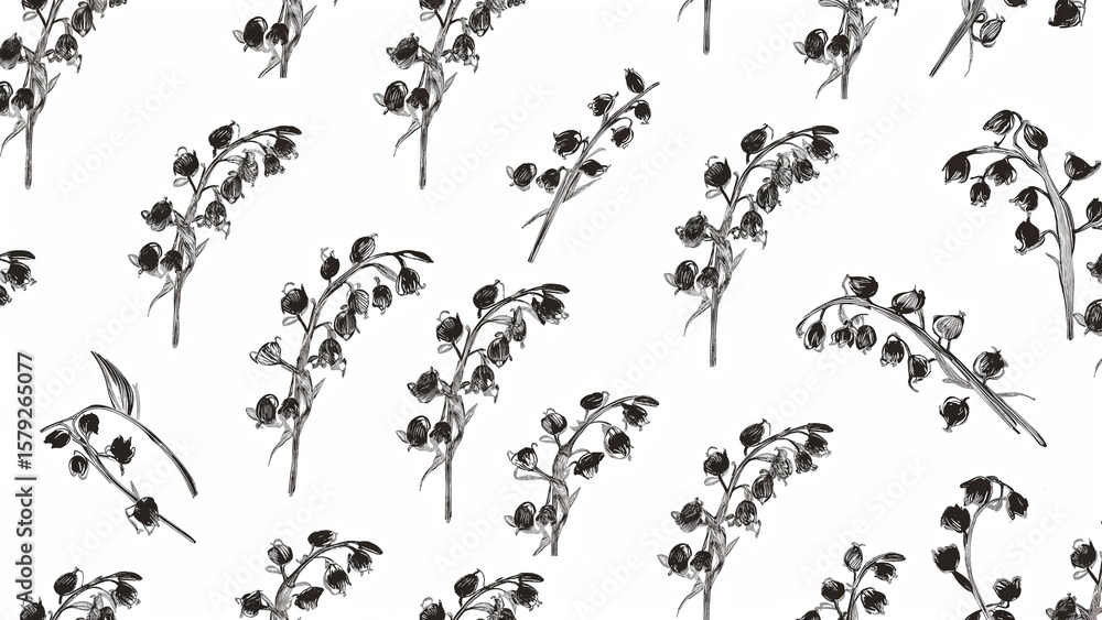 Poster a repeated pattern of sketched lily of the valley flowers on a plain white background surface