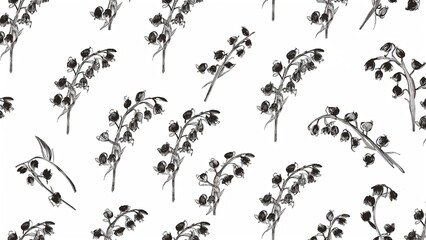 A repeated pattern of sketched lily of the valley flowers on a plain white background surface