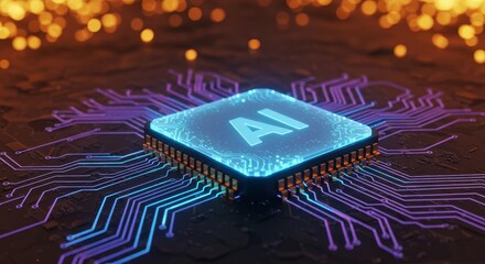 Glowing ai chip with illuminated circuitry and bokeh background representing advanced technology and artificial intelligence