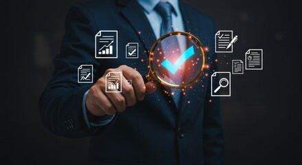 Businessman examines documents with a magnifying glass revealing a glowing blue checkmark signifying approval and success