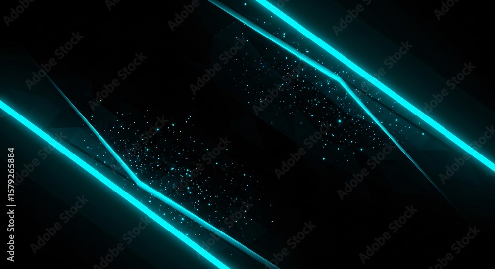 Poster diagonal cyan light beams and particles on a dark background creating a futuristic abstract design