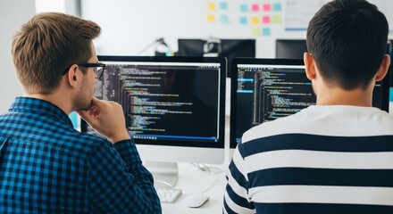 Two focused programmers collaborating on a complex coding project at their desks with multiple computer monitors