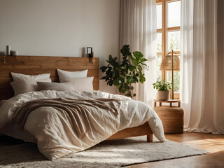 Fototapeta premium Sunlit Bedroom A Cozy Oasis of Comfort and Natural Beauty for Peaceful Sleep and Relaxation