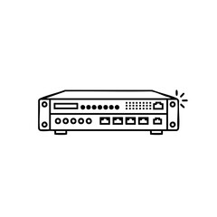 Line art illustration of a network switch or server with multiple ports and indicators, showcasing connectivity and data transfer.