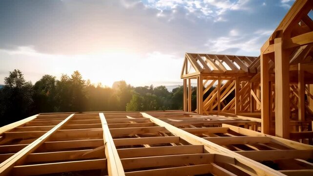Wooden framework rising against the sunrise as new homes are being erected in a construction project.