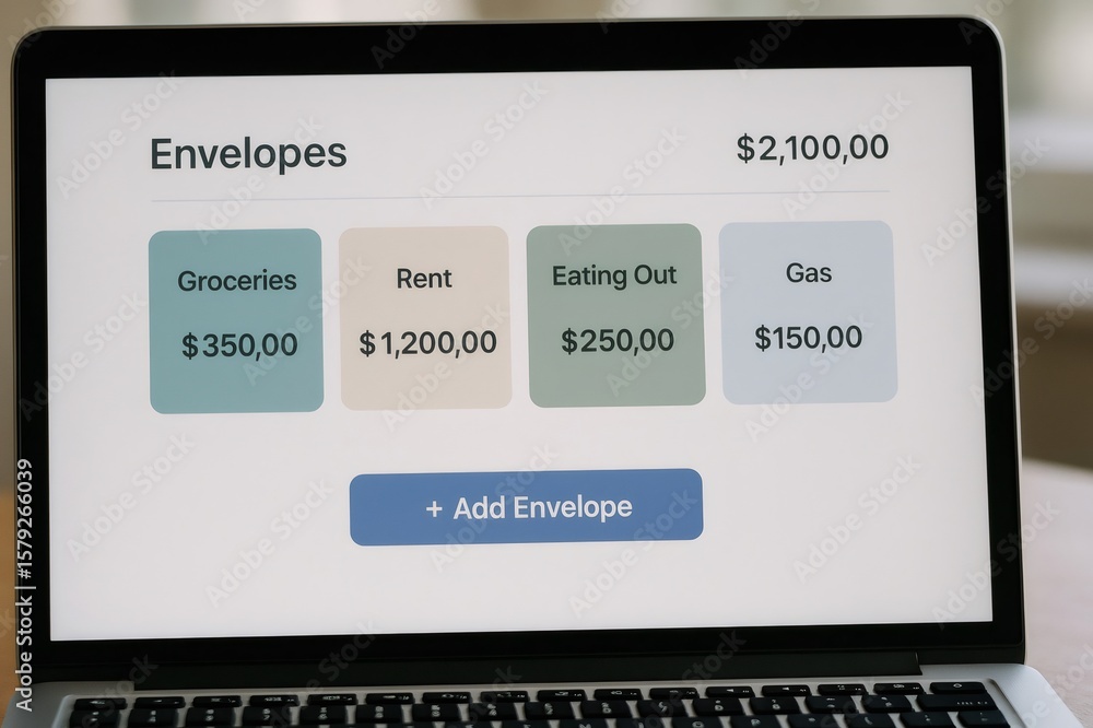 Poster laptop displaying a digital budgeting interface with various expense categories and amounts, promoti