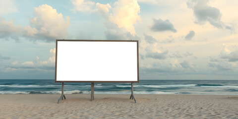 A blank billboard stands on a sandy beach, facing the ocean. The sky showcases dramatic clouds during sunset, creating a tranquil atmosphere for potential advertising