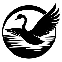 Fototapeta premium Elegant swan flying above water in circle silhouette vector illustration