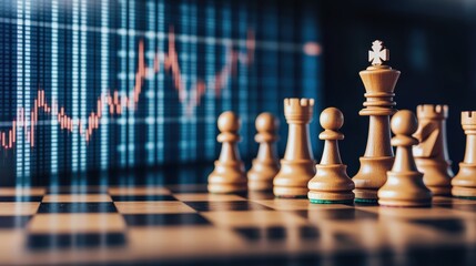 Strategic Chess Game with State-of-the-Art Digital Stock Market Chart in Background and Classic Wooden Chess Pieces