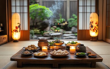 Serene Asian tea ceremony setting with traditional food and decor, tranquil garden view.