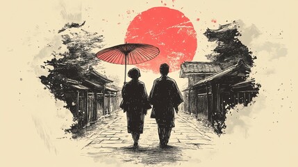 Silhouette of a couple walking hand-in-hand down a Japanese street at sunset.