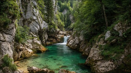 A narrow waterfall flowing through a rocky canyon in the heart of Europe with clear turquoise water below