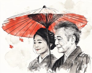 Elegant Japanese couple under a red umbrella, watercolor style illustration.