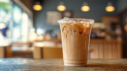 High-quality photo of mockup of iced coffee milk in a plastic cup inside a cafe.
