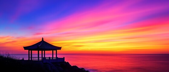 Vibrant sunset over ocean, gazebo silhouette.