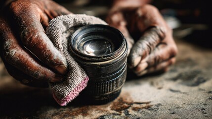 Hands cleaning a vintage camera lens