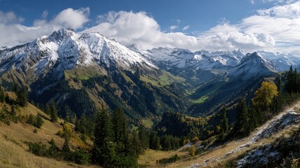 Obraz premium A panoramic vista of Swiss Alps peaks dusted with snow during early autumn with vibrant foliage below