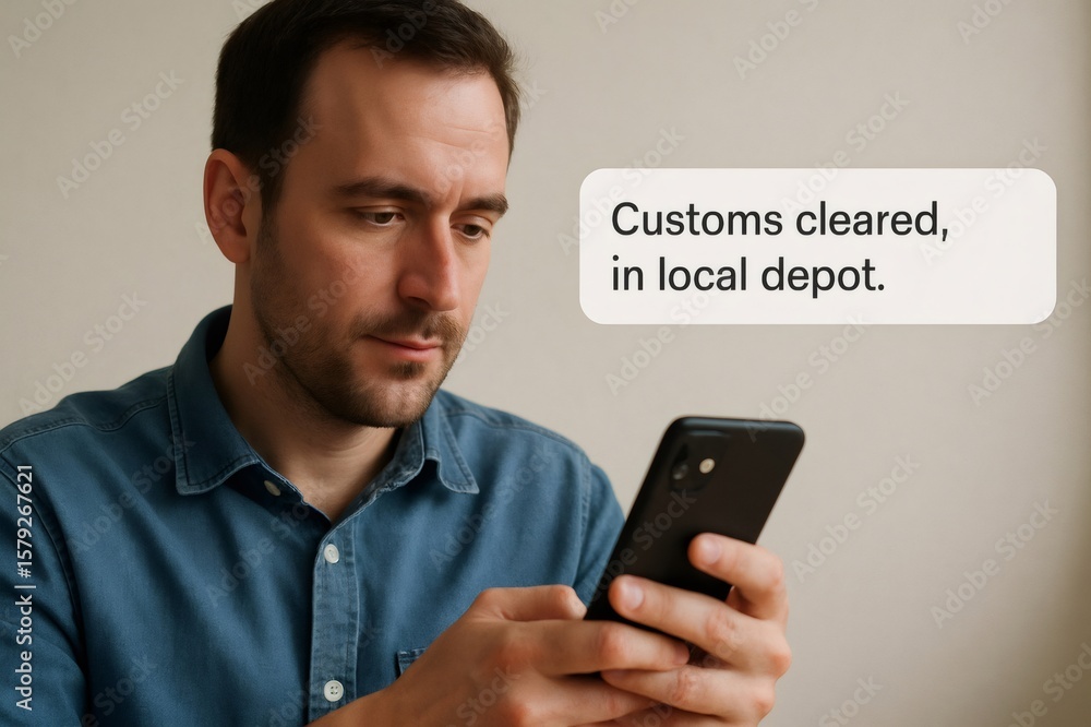Poster man using a smartphone to check package status, reading customs cleared, in local depot. focus on mo