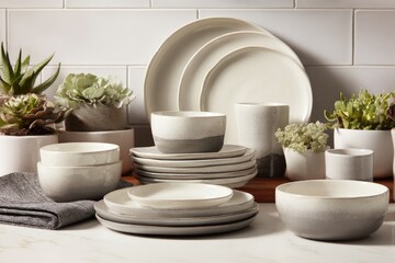 A modern dinnerware set in off-white and gray tones, displayed with succulents on a marble surface, showcasing bowls, plates, and mugs