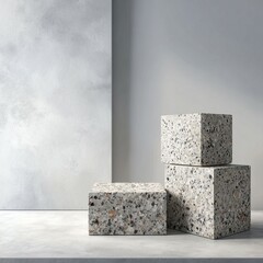 Modern Architectural Design Featuring Textured Concrete Cubes on a Minimalist Pedestal Background.