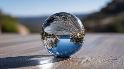 Crystal ball reflecting a landscape.