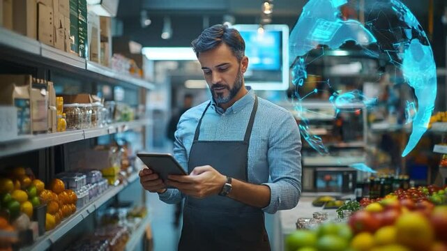 modern shop owner managing inventory with digital tablet
