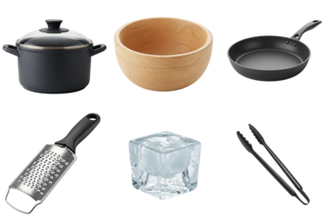 Kitchen utensils set including pot, bowl, and tools on white background  