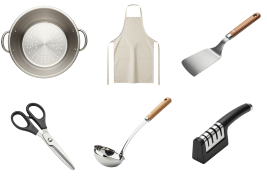 Kitchen utensils set with pot, apron, spatula, scissors, ladle, and sharpener  
