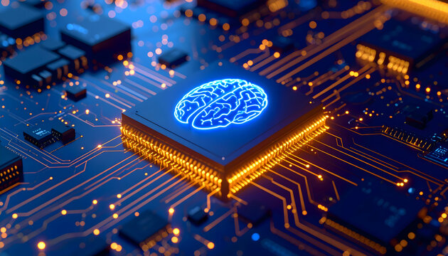 Artificial Intelligence Brain Icon on Glowing Cpu Chip and Futuristic Circuit Board for Digital Technology
