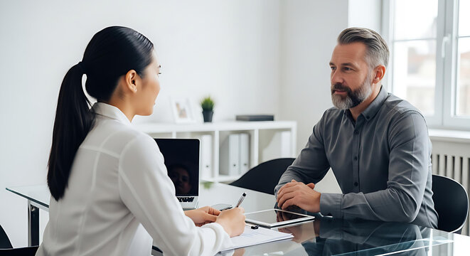 A professional Asian woman interviews a mature man in an office, discussing business plans and careers around a shiny black table.