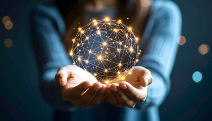 Fototapeta premium Cupped Hands Holding Glowing Digital Network Sphere on Dark Background Symbolizing Global Connection and Future Technology