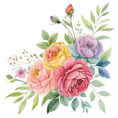 Watercolor floral clipart,delicate floral arrangements of roses, peonies, bright rainbow colors, flowers with green foliage, white background, botanical illustration style