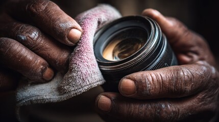 Close-up of hands cleaning camera lens